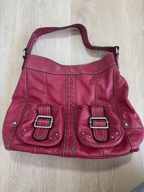 Tignanello Red Leather Shoulder Bag with Buckle Front Pockets